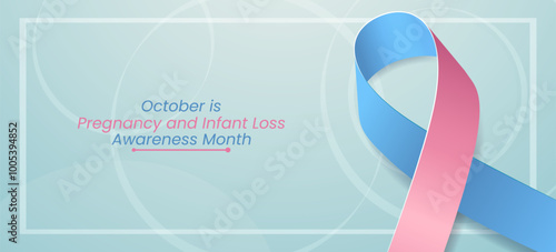 Pregnancy and Infant Loss Awareness Month concept. Banner with blue and pink ribbon awareness and text. Vector illustration.