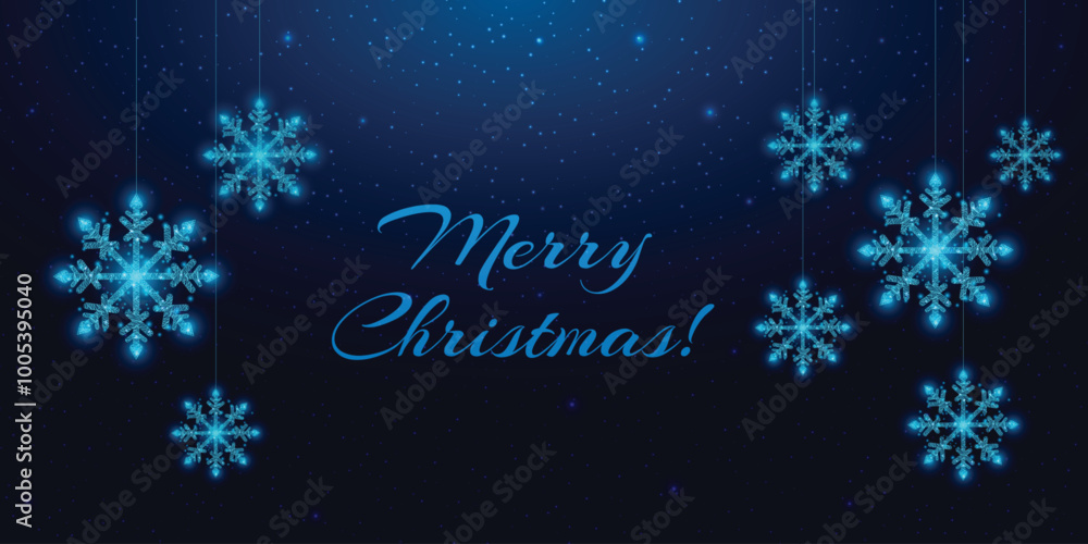 Hanging wireframe snowflakes in low poly style. Christmas and New Year concept. Abstract modern vector illustration isolated on blue background. Hanging wireframe snowflakes in low poly style. Christmas and New Year concept. Abstract modern vector illustration isolated on blue background.