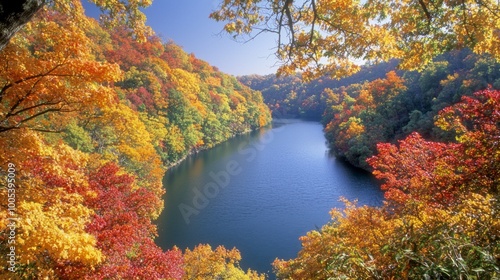 Serene Autumn Reflections: Picturesque River Winding Through Vibrant Fall Trees