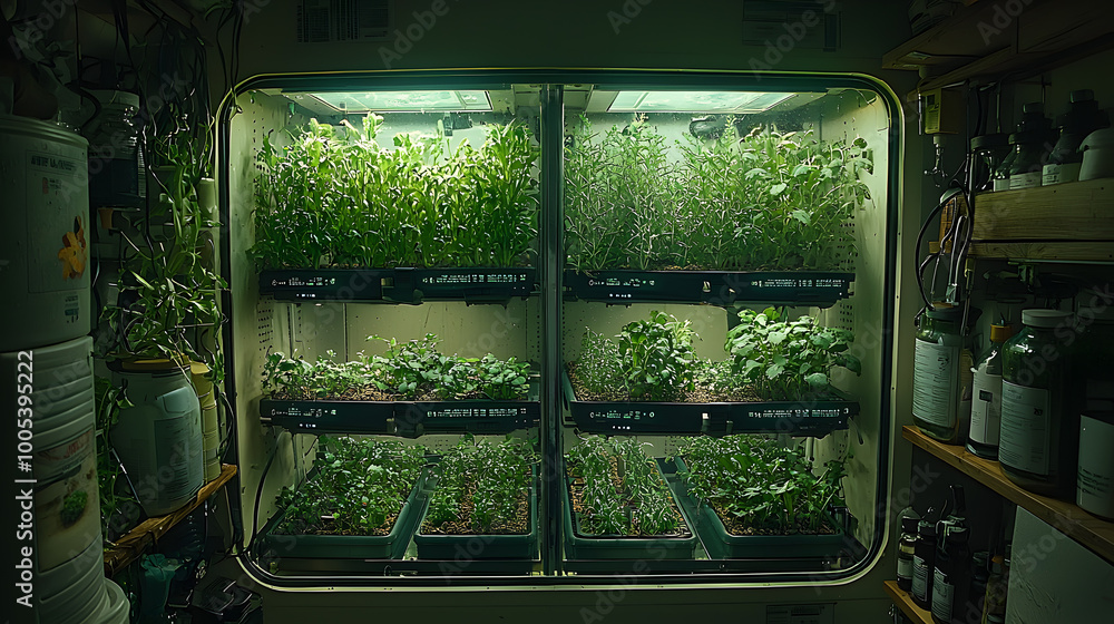 Indoor garden showcasing vibrant green seedlings growing under gentle artificial light in a controlled environment. Indoor garden showcasing vibrant green seedlings growing under gentle artificial light in a controlled environment.