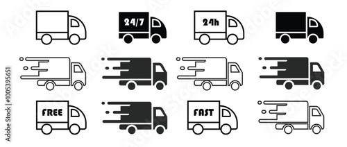 Express delivery trucks icons. Fast shipping truck. Free delivery 24 hours. Logistic trucking sign. Vector illustration.