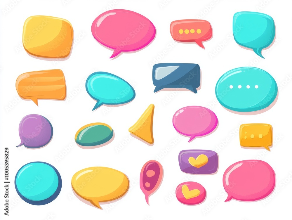 2408 31.A set of flat, colorful speech bubbles in various shapes and sizes. The bubbles are isolated on a clean white background and are arranged in a visually balanced pattern. Perfect for stickers, 2408 31.A set of flat, colorful speech bubbles in various shapes and sizes. The bubbles are isolated on a clean white background and are arranged in a visually balanced pattern. Perfect for stickers,
