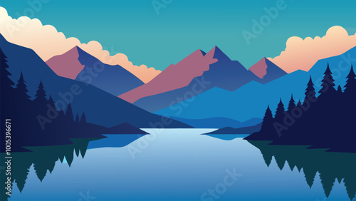 Lake nestled among majestic mountains and lush trees, reflecting the beauty of nature in a tranquil setting flat vector illustration