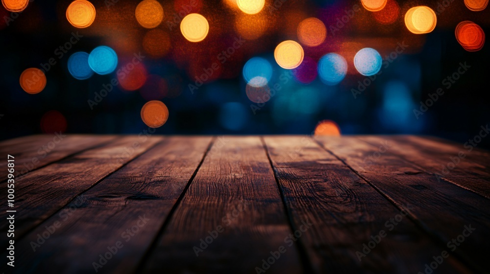 Wooden Tabletop with a Blurred Background of Warm and Cool Lights Wooden Tabletop with a Blurred Background of Warm and Cool Lights