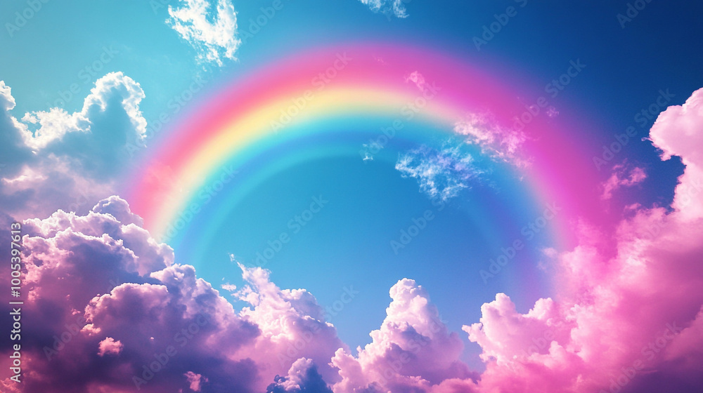 A vibrant rainbow arches over fluffy clouds under a bright blue sky during a sunny afternoon A vibrant rainbow arches over fluffy clouds under a bright blue sky during a sunny afternoon