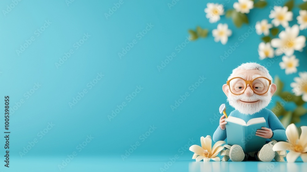 Fototapeta premium Charming Elderly Man Reading Under Blossoming Flowers