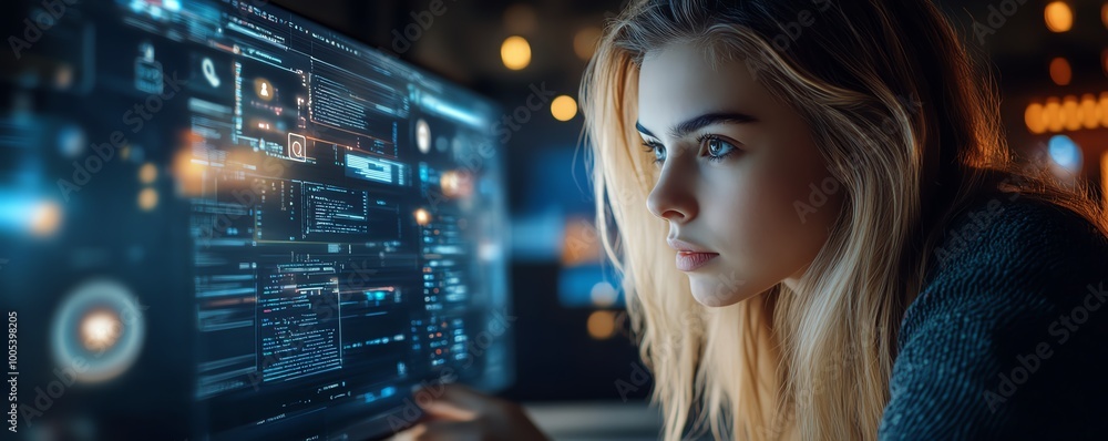 Laptop screen showing a Privacy Lock icon, woman working on computer with virtual interfaces, security concept, clear and vivid, highdefinition Laptop screen showing a Privacy Lock icon, woman working on computer with virtual interfaces, security concept, clear and vivid, highdefinition