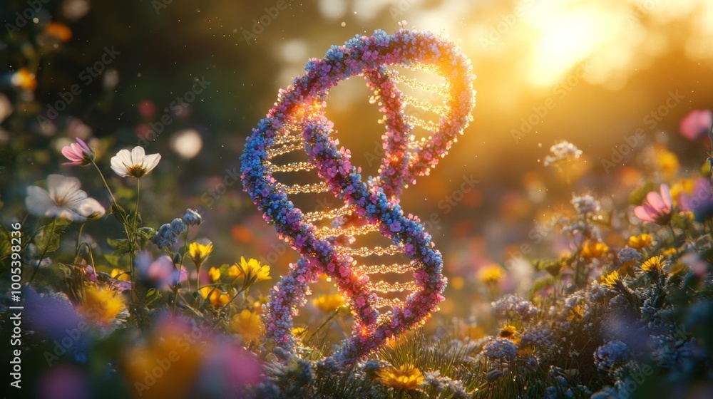 DNA Strand Made of Flowers in a Meadow at Sunset Generative AI DNA Strand Made of Flowers in a Meadow at Sunset Generative AI