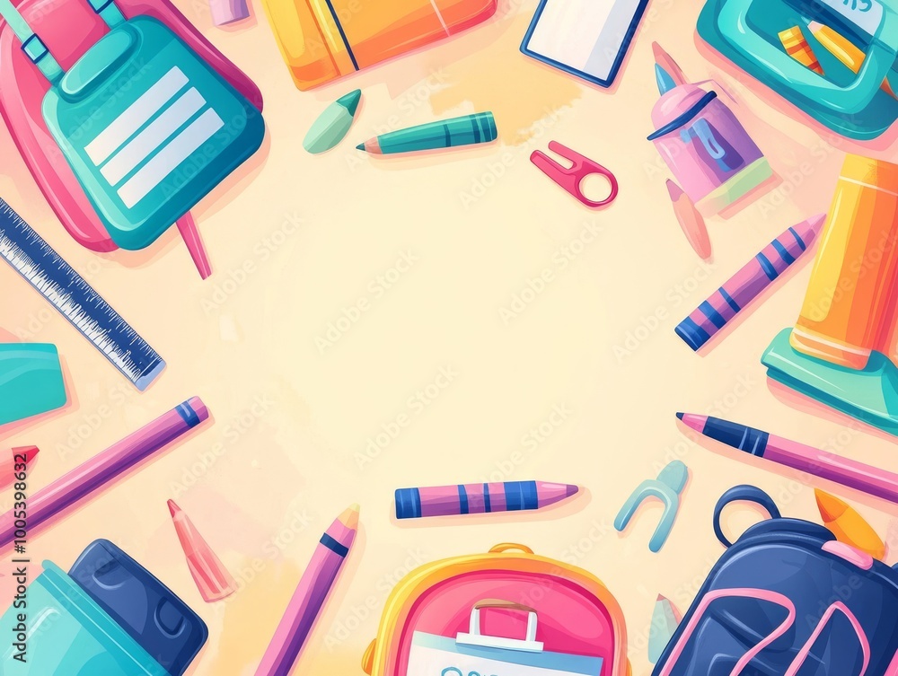 2408 80.A poster-style back-to-school banner with school accessories like crayons, rulers, and backpacks surrounding the edges. The background is set in a pastel gradient, with room for text in the 2408 80.A poster-style back-to-school banner with school accessories like crayons, rulers, and backpacks surrounding the edges. The background is set in a pastel gradient, with room for text in the