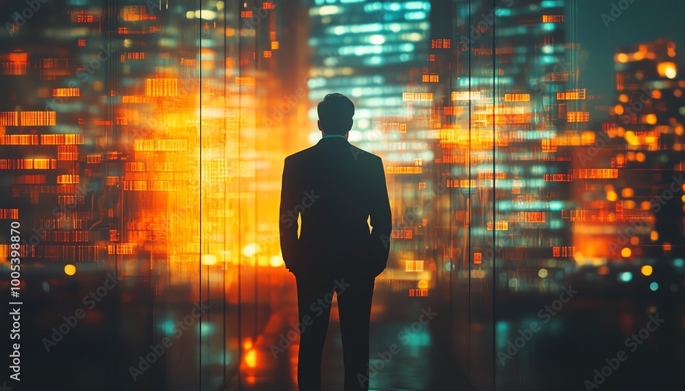 Mysterious businessman with a blurred urban backdrop, reflecting future financial prosperity and success in a hightech, modern city setting