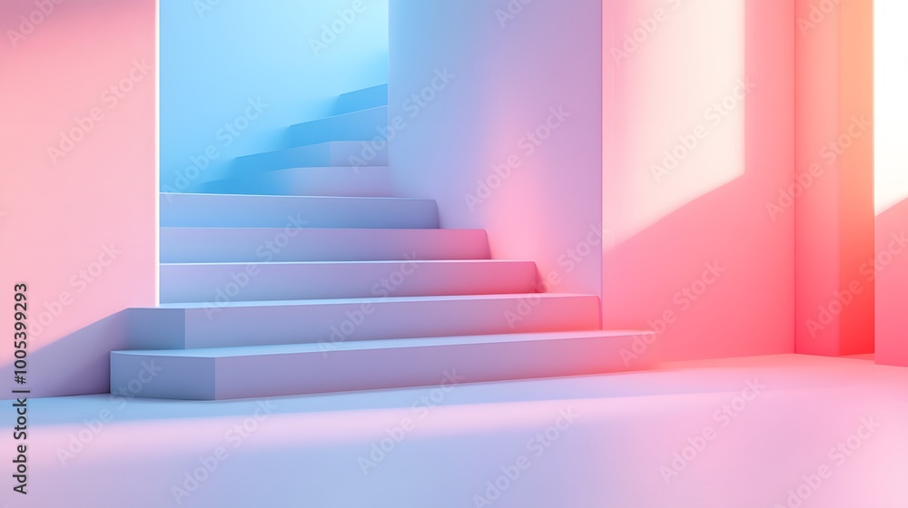Obraz premium 3d render, abstract background with steps and staircase, in pink and blue pastel colors. Architectural design elements. 