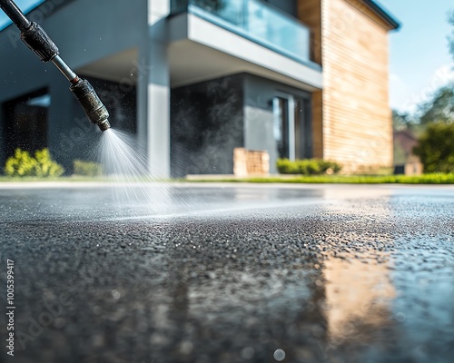 People power washing a hard concrete surface in front of a house, low angle shot of highpressure cleaning, water spray effect, crisp details, highresolution photo