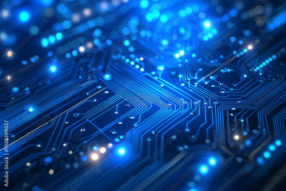 A close-up view of a circuit board with glowing blue lights, showcasing intricate electronic pathways and connections. A close-up view of a circuit board with glowing blue lights, showcasing intricate electronic pathways and connections.