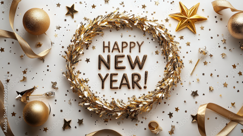 Happy New Year wreath with golden decorations, sparkling stars, and festive elements creates joyful celebration atmosphere. Perfect for holiday greetings and decorations Happy New Year wreath with golden decorations, sparkling stars, and festive elements creates joyful celebration atmosphere. Perfect for holiday greetings and decorations