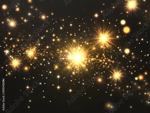 2408 100.A collection of blinking stars and radiant sparkles in different sizes, featuring soft flares and subtle glow effects. The stars are designed in a variety of shapes, including sunbursts and