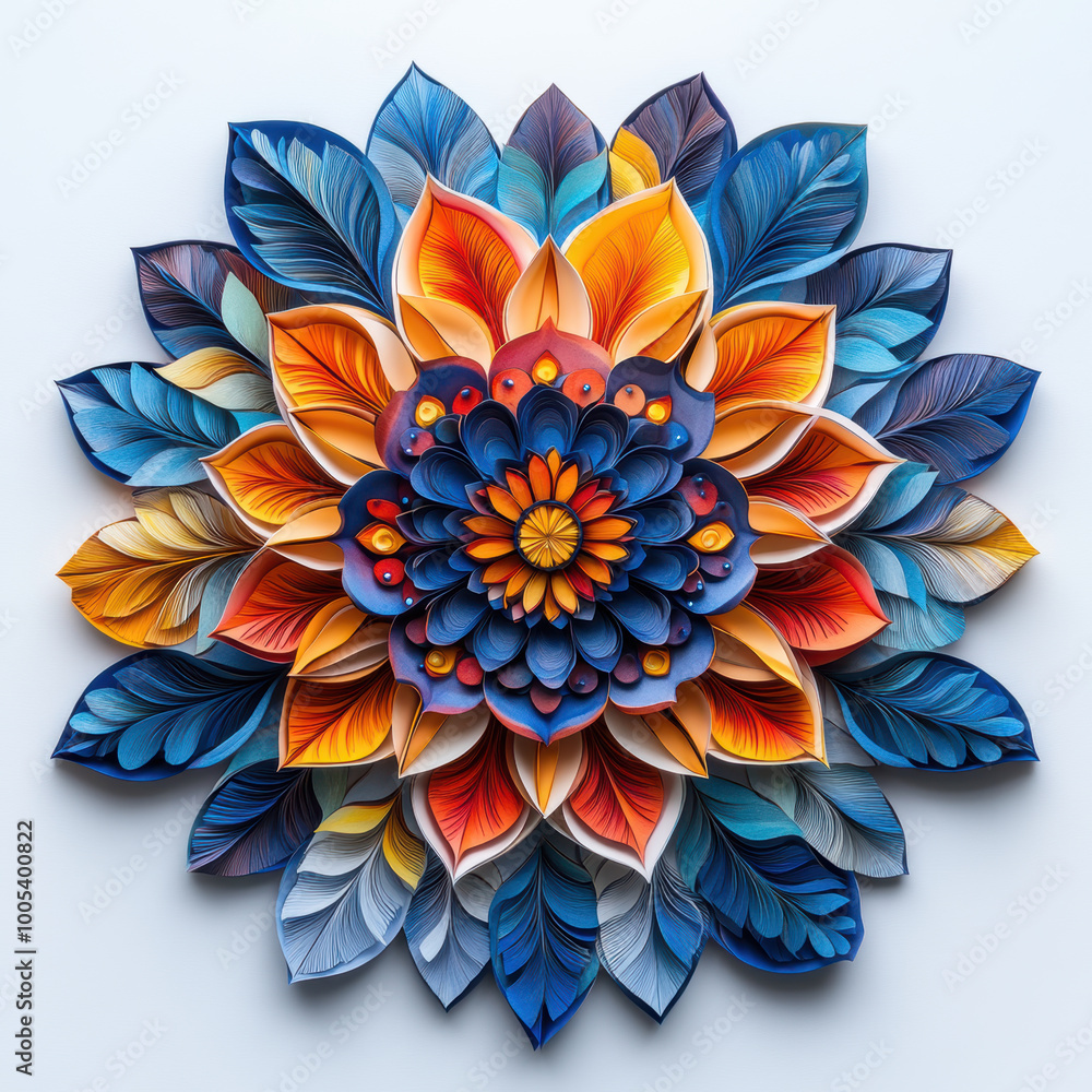 Fototapeta premium Colorful paper cut mandala with vibrant leaves and intricate floral design, showcasing blend of blue, orange, and yellow hues. This artwork evokes sense of creativity and tranquility