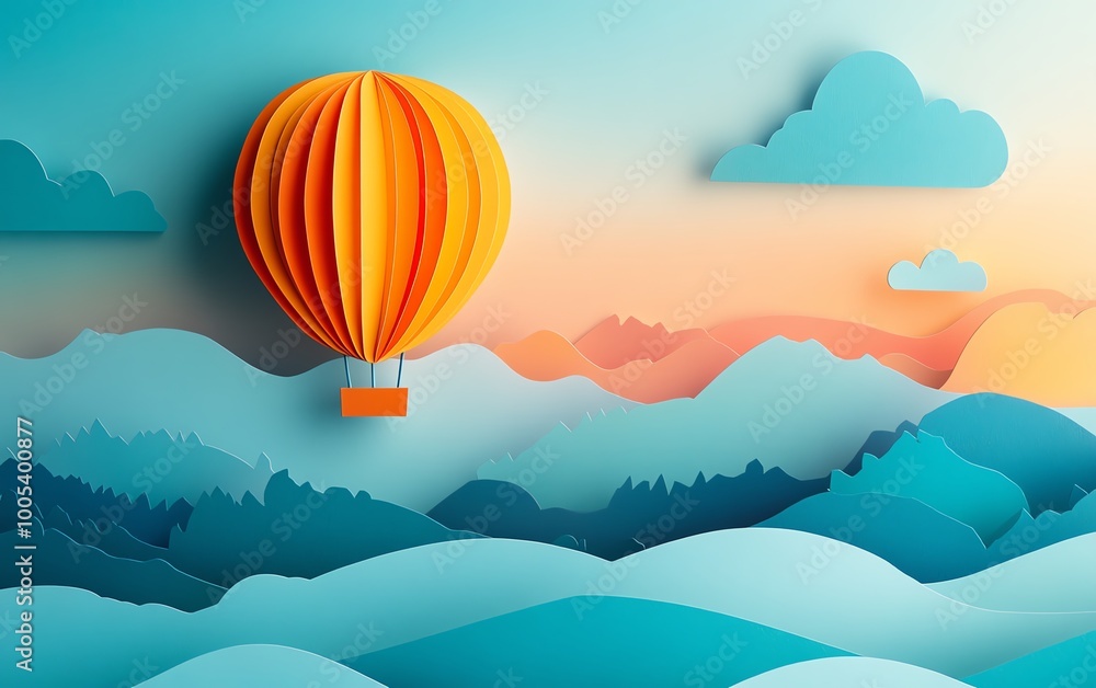 Whimsical hot air balloon over hills and mountains in a paper cutout style, banner background with ample space for copy, bright and vibrant design, highresolution Whimsical hot air balloon over hills and mountains in a paper cutout style, banner background with ample space for copy, bright and vibrant design, highresolution