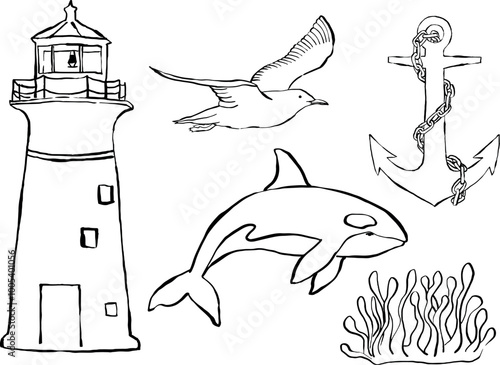 Ilustraciones náuticas dibujadas a mano. Iconos para invitaciones, papelería, diseño. Clipart del océano. Playa. Mar