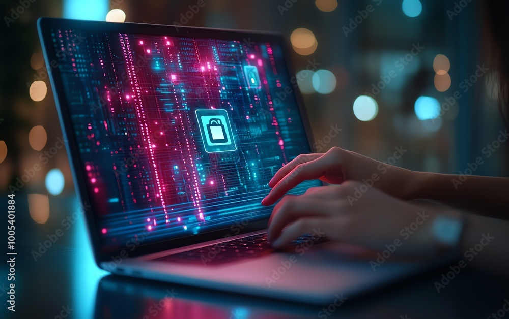Woman operating a laptop with a Privacy Lock icon on the virtual screen interface, focusing on data security, sleek and modern, highresolution Woman operating a laptop with a Privacy Lock icon on the virtual screen interface, focusing on data security, sleek and modern, highresolution