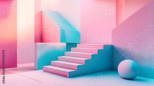 3d render, abstract background with steps and staircase, in pink and blue pastel colors. Architectural design elements. 