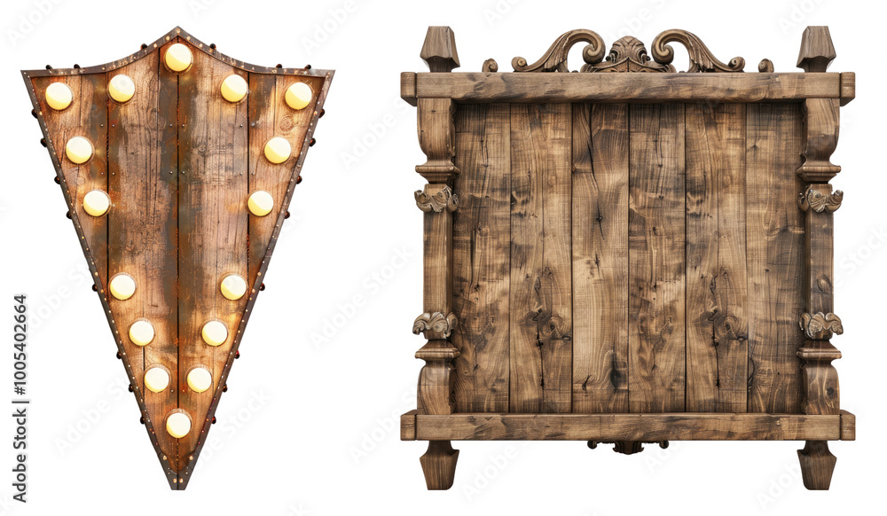 Naklejka premium Wooden marquee sign isolated on transparent background, set of