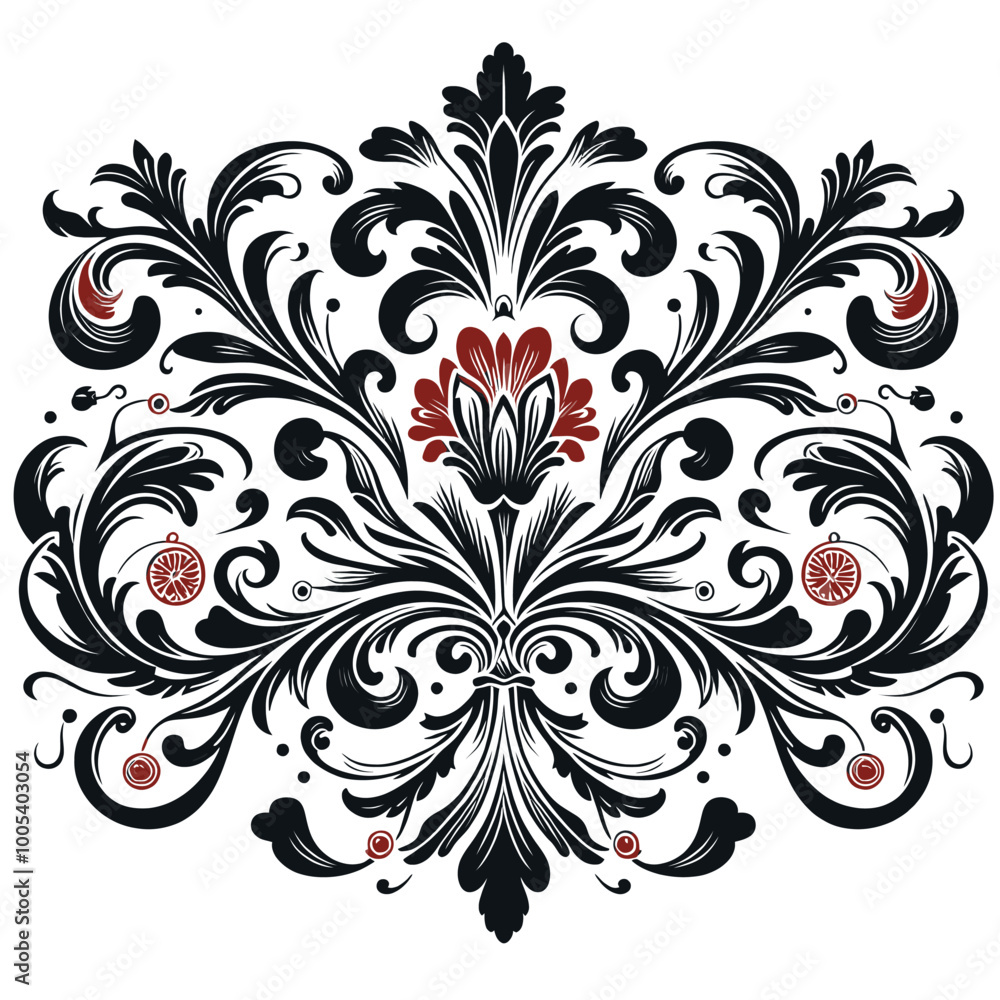 Obraz premium Elegant Damask Floral Design Black and Red Flourish Vector Illustration