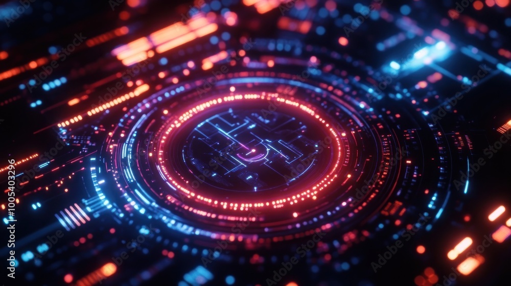 Obraz premium Abstract digital circuit design with glowing elements in blue and red.