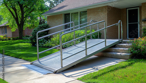 A wheelchair ramp provides accessibility to a home, connecting the sidewalk to the entrance. photo