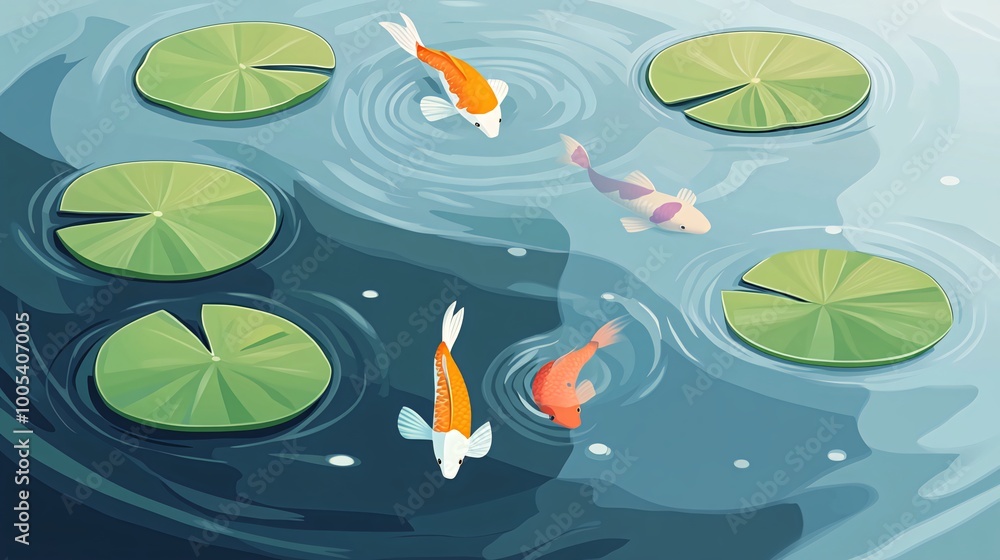 Four colorful koi fish swim in a pond with lily pads. Four colorful koi fish swim in a pond with lily pads.