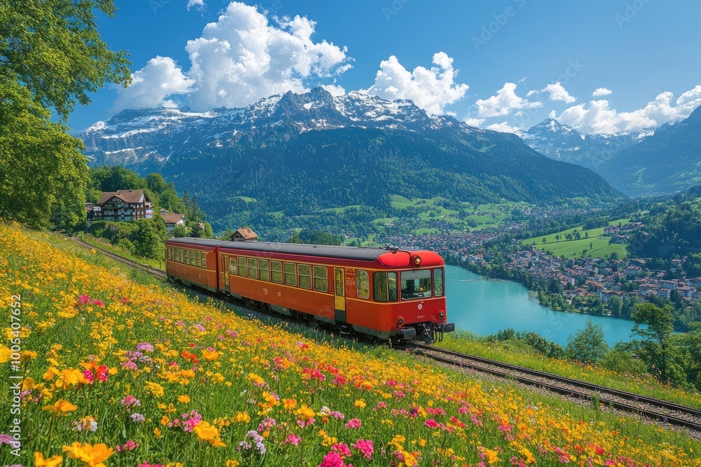 Red train traveling beside lake with mountain background Red train traveling beside lake with mountain background