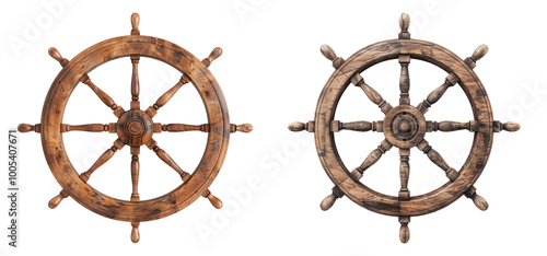 Wooden ship wheel isolated on transparent background, set of photo