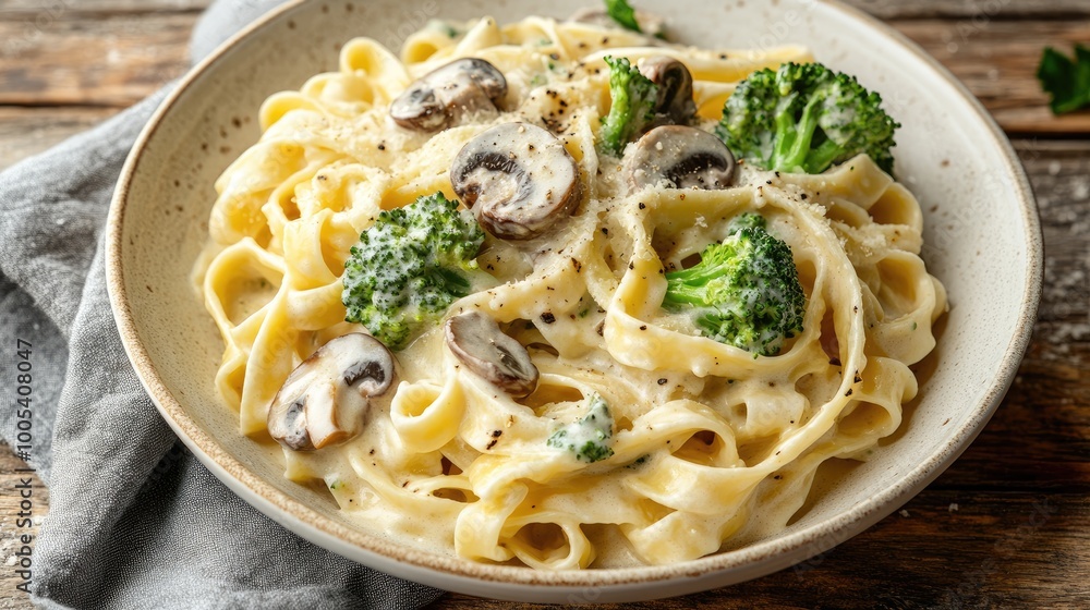 Creamy mushroom and broccoli pasta dish being served for dinner Creamy mushroom and broccoli pasta dish being served for dinner