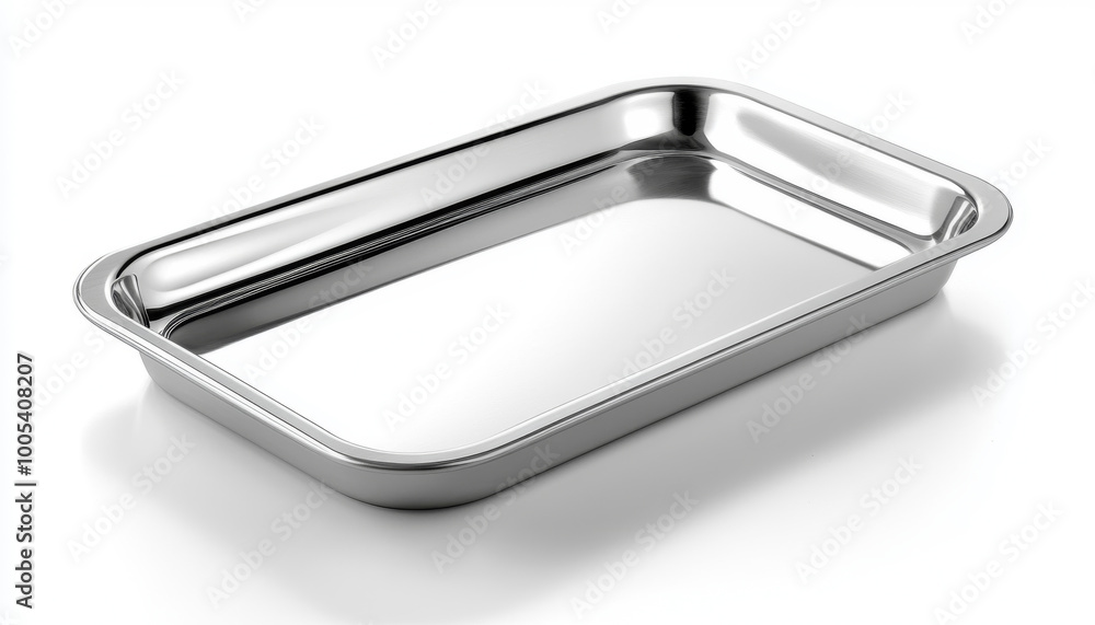 A shiny, rectangular stainless steel tray, ideal for serving or holding food items in kitchens or restaurants. A shiny, rectangular stainless steel tray, ideal for serving or holding food items in kitchens or restaurants.