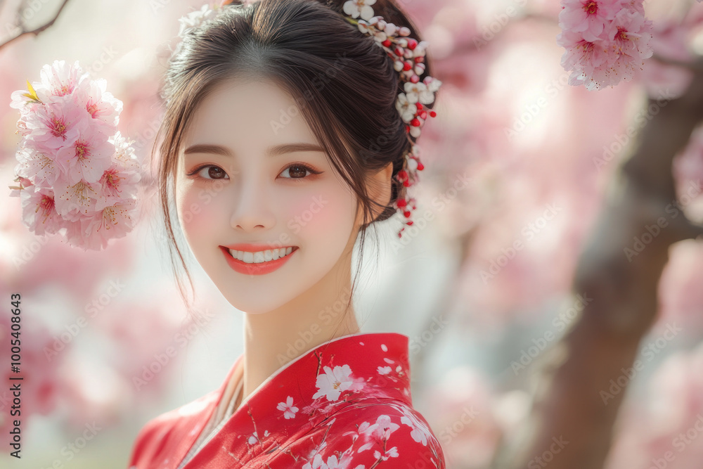 Chinese woman wearing japanese kimono with cherry blossom background Chinese woman wearing japanese kimono with cherry blossom background
