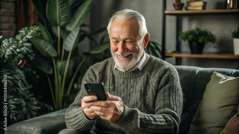 Joyful Elderly Man Using Smartphone in Cozy Room Joyful Elderly Man Using Smartphone in Cozy Room
