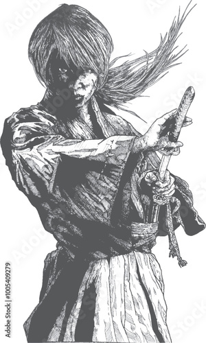 Black and white vector image of a samurai ready to fight