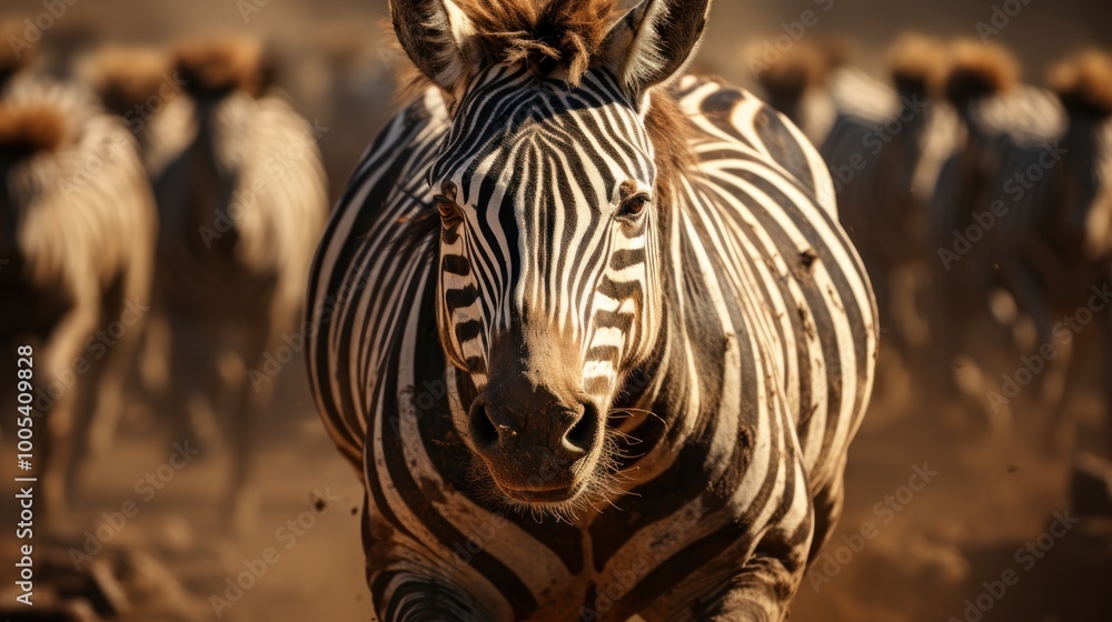 Naklejka premium Close-up of a Zebra Running in a Herd