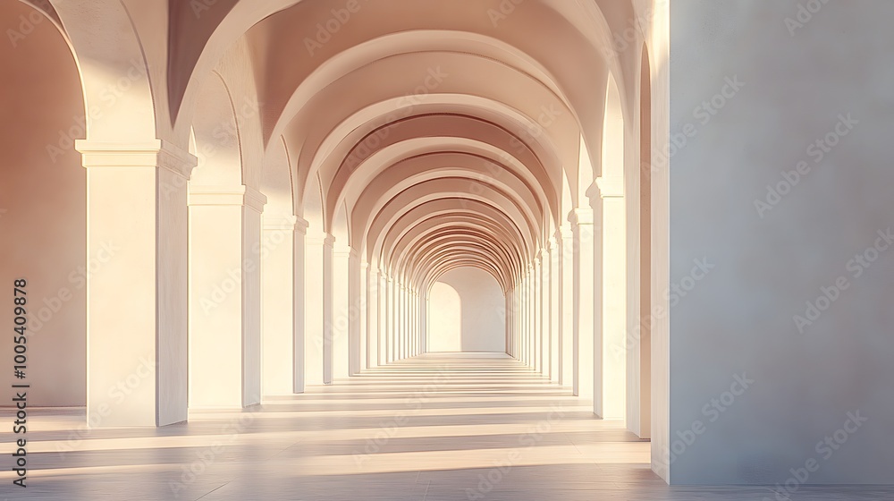 Fototapeta premium 3d rendering. Arch hallway simple geometric background, architectural corridor, portal, arch columns inside empty wall. Modern minimal concept.