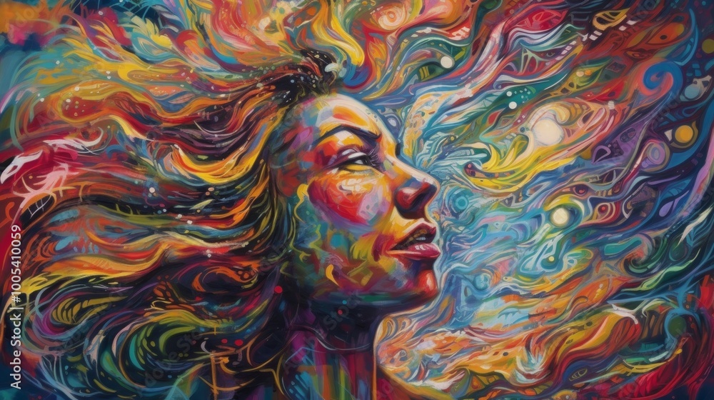 A vibrant portrait of a woman surrounded by swirling colors. A vibrant portrait of a woman surrounded by swirling colors.