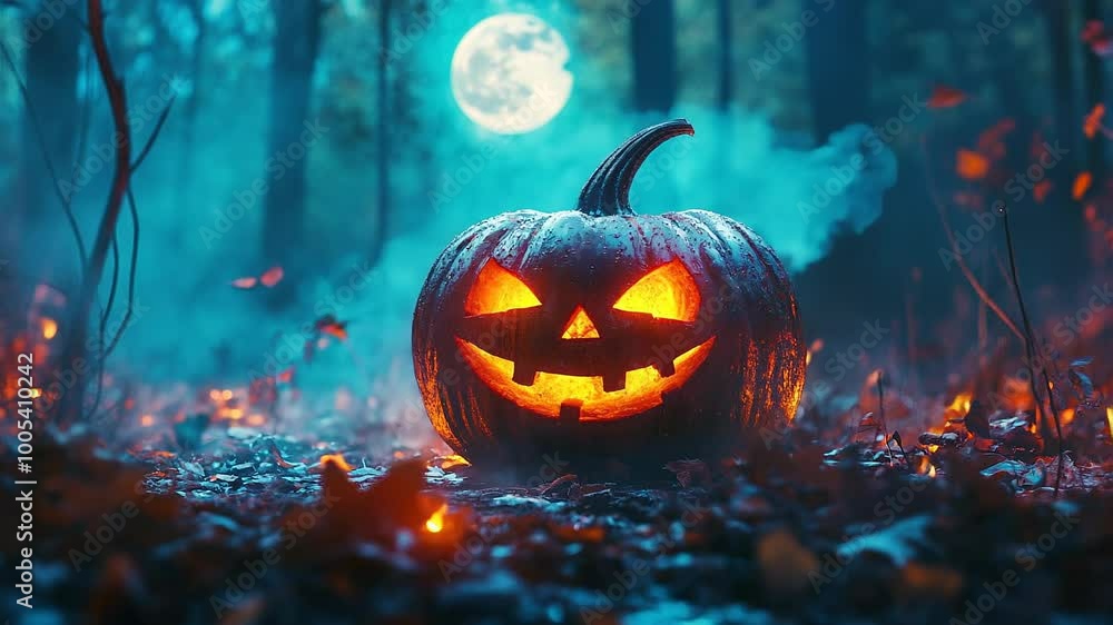 Glowing Jack-O'-Lantern in Spooky Forest with Fog and Full Moon Glowing Jack-O'-Lantern in Spooky Forest with Fog and Full Moon