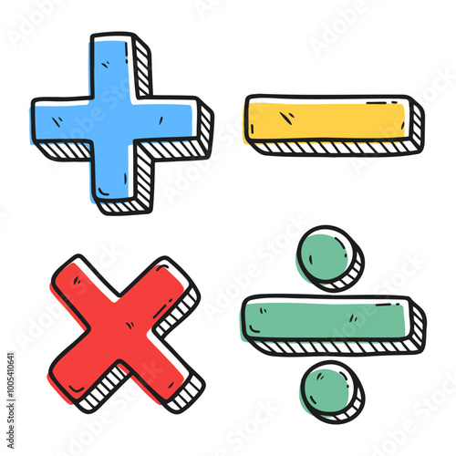 A fun and colorful hand-drawn doodle set of math symbols: addition, subtraction, multiplication, and division. Perfect for educational materials, posters, or playful designs.