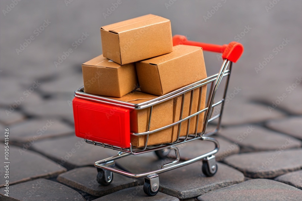 A shopping cart filled with brown cardboard boxes on a cobblestone surface. A shopping cart filled with brown cardboard boxes on a cobblestone surface.