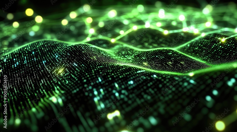 Abstract Green Digital Waves with Glowing Particles Abstract Green Digital Waves with Glowing Particles