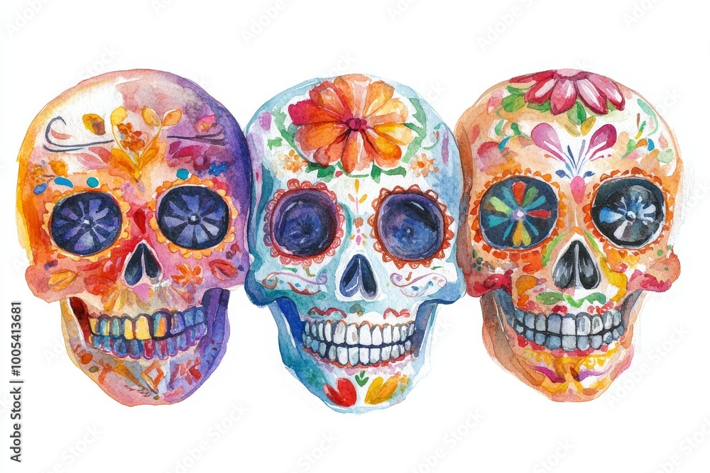 Watercolor illustration of traditional Day of the Dead sugar skulls. Watercolor illustration of traditional Day of the Dead sugar skulls.