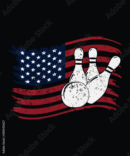 Bowling pin sports t shirt design, bowling vector with American flag vector illustration