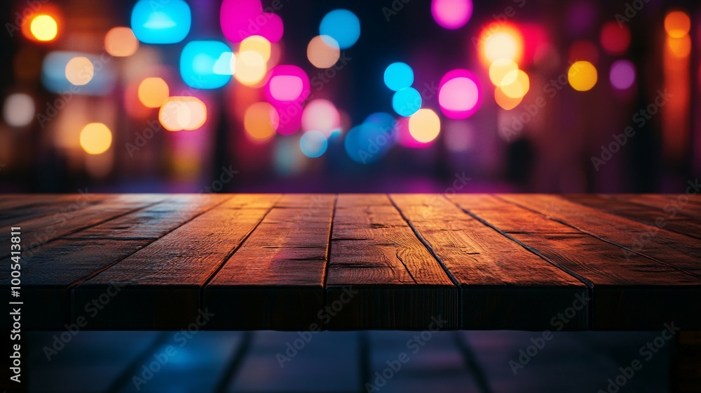Wooden Tabletop with Blurred Colorful Bokeh Lights Wooden Tabletop with Blurred Colorful Bokeh Lights