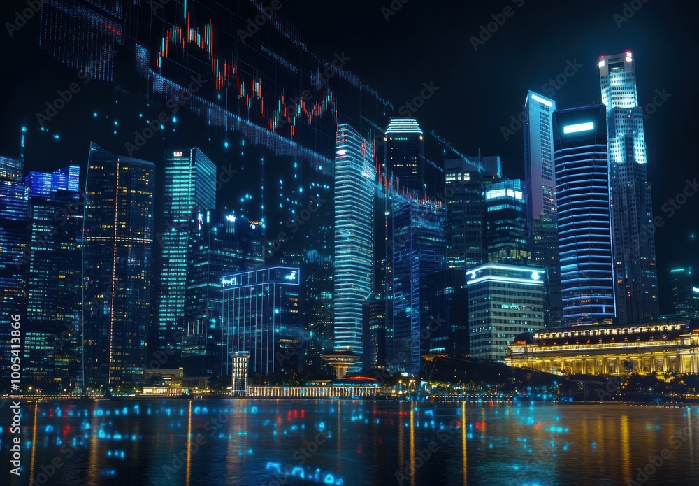 Obraz premium Nighttime Cityscape with Illuminated Skyscrapers and Stock Market Data