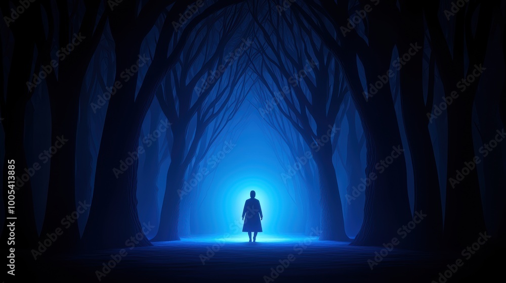 Mysterious Figure in a Blue-Hued Forest Mysterious Figure in a Blue-Hued Forest
