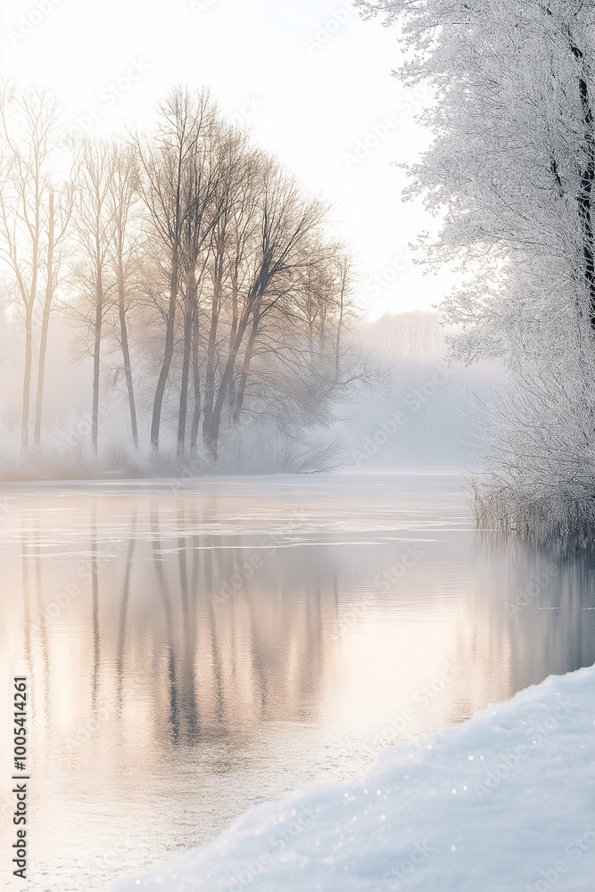 Frosty river scene at dawn with misty reflections of trees, creating a serene and enchanting winter atmosphere Frosty river scene at dawn with misty reflections of trees, creating a serene and enchanting winter atmosphere