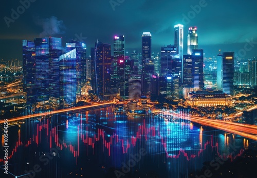 Wallpaper Mural Night View of a Vibrant City Skyline with Financial Chart Overlay Torontodigital.ca